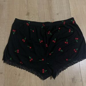 Black Cherry Print Lace Trim Shorts